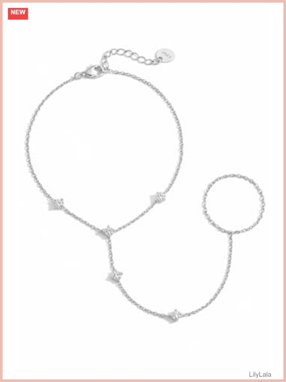 CZ Beaded Hand Chain Bracelet With Ring Adjustable Silver